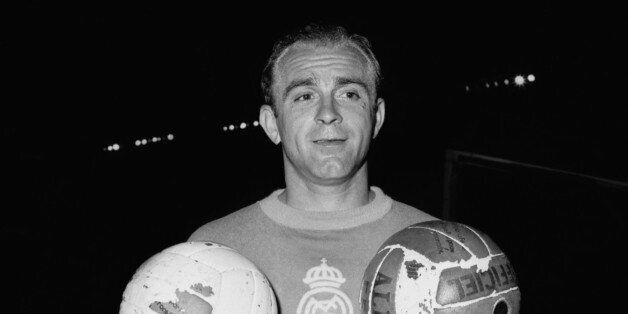 PARIS, FRANCE - JUNE 12: Portrait of Argentinian-born Spanish forward Alfredo Di Stefano taken 12 June 1956 in Paris. Born in Buenos Aires, Di Stefano became one of the greatest players of his time winning championship titles in Argentina (1947 with River Plate), Colombia (1949, 1951, 1953 with Millionarios de Bogota) and Spain (8 between 1954 and 1964 with Real Madrid). Di Stefano also won the Copa America with the Argentinian national soccer team in 1947, five European Cups with Real Madrid (1956-1960) along with one Intercontinental Cup (1960) and received the European Golden Ball award for best player of the year in 1957 and 1959. Di Stefano later turned to coaching winning two championships titles in Argentina with Boca Juniors (1969-1970), one in Spain with Valence (1971), one European Supercup and one Cup Winners' Cup in 1980. AFP PHOTO (Photo credit should read STAFF/AFP/Getty Images)