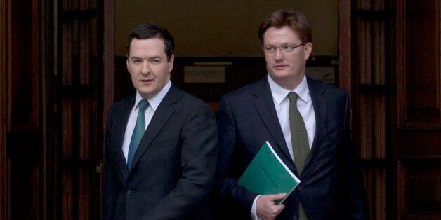 Chancellor of the Exchequer George Osborne and Chief Secretary to the Treasury Danny Alexander leave the Treasury in central London for the House of Commons where Osborne will deliver his autumn financial statement.