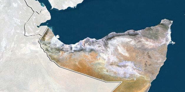 Satellite view of Somalia (with border and mask). This image was compiled from data acquired by LANDSAT 5 & 7 satellites.
