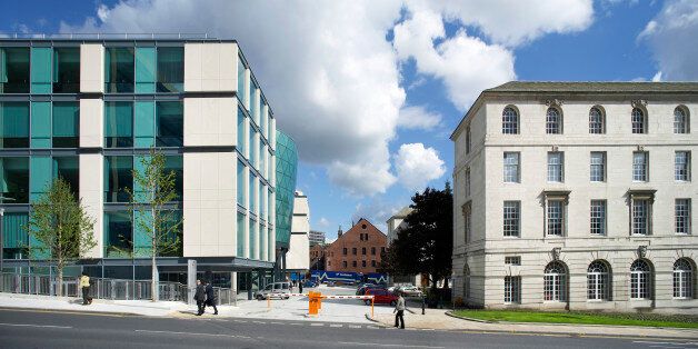 United Kingdom, Architect Leeds, The Rose Bowl, Leeds Metropolitan University, Panoramic Shot Showing The Modern Glass Building Next To The Traditional Civic Buildings . (Photo by View Pictures/UIG via Getty Images)