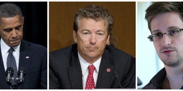 Rand Paul (centre) is bring the law suit against Barack Obama (left) following the Edward Snowden (right) leaks