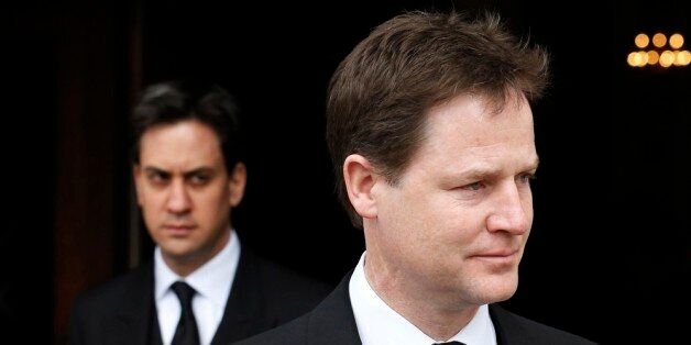 LONDON, UNITED KINGDOM - APRIL 17: Britain's deputy prime minister, Nick Clegg (R), and leader of the opposition Labour party, Ed Miliband, leave after attending the funeral service of former British prime minister Margaret Thatcher at St Paul's Cathedral on April 17, 2013 in London, England. Dignitaries from around the world today join Queen Elizabeth II and Prince Philip, Duke of Edinburgh as the United Kingdom pays tribute to former Prime Minister Baroness Thatcher during a Ceremonial funeral