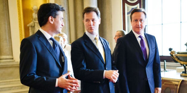 (Left to right) Labour Leader Ed Miliband, Deputy Prime Minister Nick Clegg and Prime Minister David Cameron during the Step Up to Serve launch at Buckingham Palace, central London.