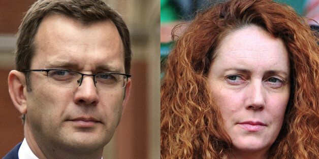 A combination of pictures shows former News of the World editor and Downing Street communications chief, Andy Coulson (L), arriving at the High Court in central London on May 10, 2012, and former Chief Executive of News International Rebekah Brooks attending the semi-final match at the Wimbledon Tennis Championships on July 1, 2011. British prosecutors charged on July 24, 2012 Andy Coulson and Rebekah Brooks with phone hacking as the scandal lapped at the door of Downing Street. AFP PHOTO / MIGU