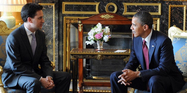 US President Barack Obama (R) meets Leader of Britain's opposition Labour Party Ed Miliband at Buckingham Palace, in central London, on May 24, 2011. US President Barack Obama basked Tuesday in the royal pageantry of a state visit to Britain, given an extra dash of glamour by a brief encounter with Prince William and his new bride Catherine. The president and his wife Michelle were welcomed by Queen Elizabeth II and a 41-gun salute in the gardens of Buckingham Palace at the start of a two-day visit mixing pomp with serious diplomacy. AFP PHOTO / JEWEL SAMAD (Photo credit should read JEWEL SAMAD/AFP/Getty Images)