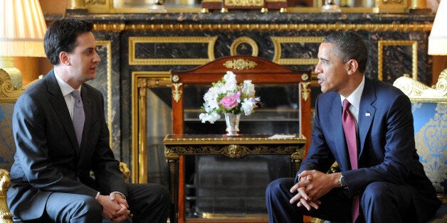 LONDON, ENGLAND - MAY 24: US President Barack Obama holds a meeting with Labour leader Ed Miliband at Buckingham Palace on May 24, 2011 in London, England. The 44th President of the United States, Barack Obama, and his wife Michelle are in the UK for a two day State Visit at the invitation of HM Queen Elizabeth II. During the trip they will attend a state banquet at Buckingham Palace and the President will address both houses of parliament at Westminster Hall. (Photo by Stefan Rousseau - WPA P