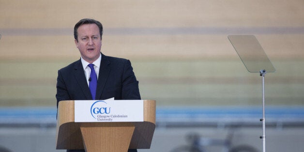 LONDON, ENGLAND - FEBRUARY 07: British Prime Minister David Cameron delivers a speech from the Velodrome on the 2012 Olympic Park to campaign for a 'no' vote in Scotland's independence referendum later this year, on February 7, 2014 in London, England. Mr Cameron said that the UK would be 'deeply diminished' if Scotland voted to become an independent nation. Approximately four million people aged over 16 and living in Scotland will be able to vote in a referendum proposed by Scotland's ruling S