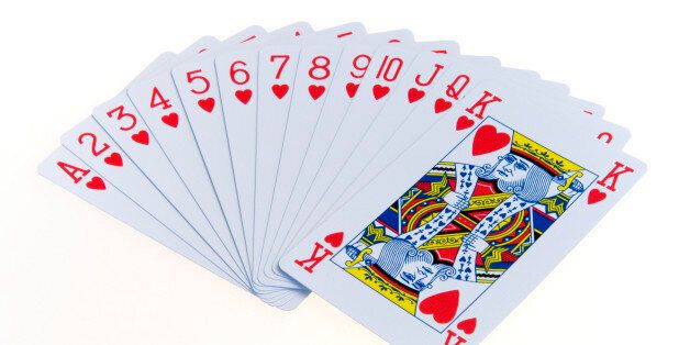 games, toys, playing cards, playing cardscards in the suit of hearts fanned out in numerical order against a white background.