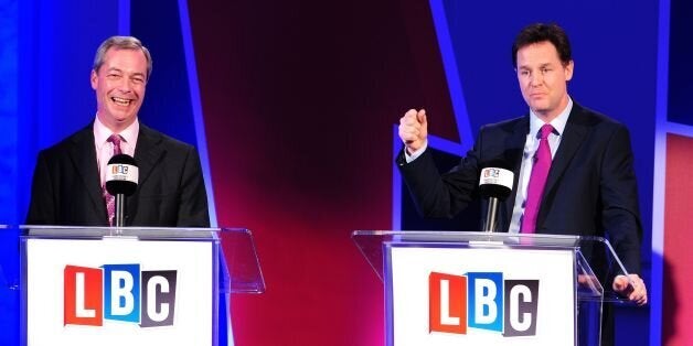 Deputy Prime Minister Nick Clegg (right) and Ukip leader Nigel Farage, hosted by LBC's Nick Ferrari, take part in a debate over Britain's future in the European Union, held at 8 Northumberland Avenue, London.