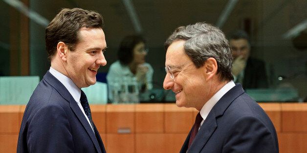 George Osborne, U.K. chancellor of the exchequer, left, speaks with Mario Draghi, president of the European Central Bank (ECB), during an EU finance ministers meeting on the European Stability Mechanism (ESM) at the European Council headquarters in Brussels, Belgium, on Monday, Jan. 23, 2012. European Union finance ministers met in Brussels to discuss new budget rules, a financial firewall to protect indebted states and a Greek debt swap, with EU leaders racing to cobble together a firm rescue r