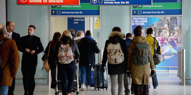 Immigration and border control signs at Edinburgh Airport on February 10, 2014 in Scotland.