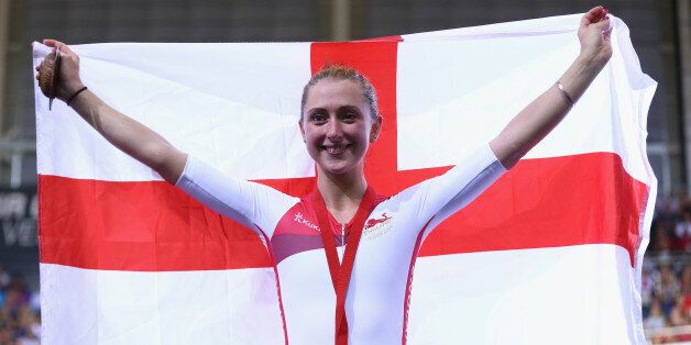 GLASGOW, SCOTLAND - JULY 27: Laura Trott of England celebrates with her gold medal after winning the Women's 25km Points Race Final at Sir Chris Hoy Velodrome during day four of the Glasgow 2014 Commonwealth Games on July 27, 2014 in Glasgow, United Kingdom. (Photo by Ryan Pierse/Getty Images)
