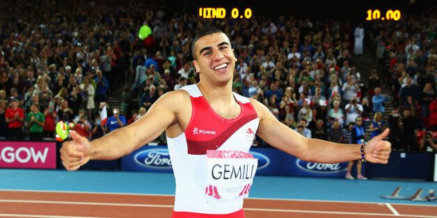 GLASGOW, SCOTLAND - JULY 28: Silver medalist Adam Gemili of England celebrates after the MenÂs 100 metres final at Hampden Park during day five of the Glasgow 2014 Commonwealth Games on July 28, 2014 in Glasgow, United Kingdom. (Photo by Ian Walton/Getty Images)