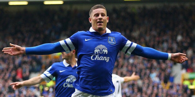 LIVERPOOL, ENGLAND - MAY 03: Ross Barkley of Everton celebrates scoring the opening goal during the Barclays Premier League match between Everton and Manchester City at Goodison Park on May 3, 2014 in Liverpool, England. (Photo by Clive Brunskill/Getty Images)