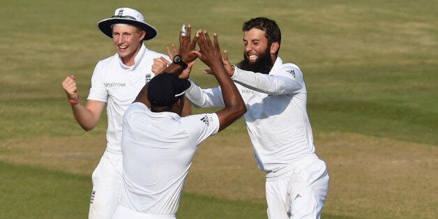 SOUTHAMPTON, ENGLAND - JULY 30: England bowler Moeen Ali is celebrates after taking the wicket of India batsman Virat Kholi during day four of the 3rd Investec Test match between England and India at Ageas Bowl on July 30, 2014 in Southampton, England. (Photo by Stu Forster/Getty Images)