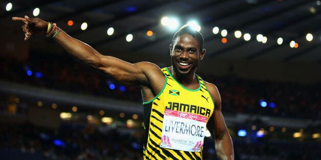 GLASGOW, SCOTLAND - JULY 31: Bronze medalist Jason Livermore of Jamaica celebrates after the Men's 200 metres Final at Hampden Park during day eight of the Glasgow 2014 Commonwealth Games on July 31, 2014 in Glasgow, United Kingdom. (Photo by Paul Gilham/Getty Images)