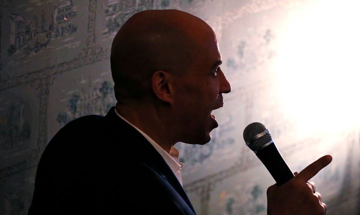 Sen. Cory Booker addressing a house party during a presidential campaign stop in Claremont, N.H., on March 15, 2019. Booker has released bold proposals ot tackle affordable housing. 