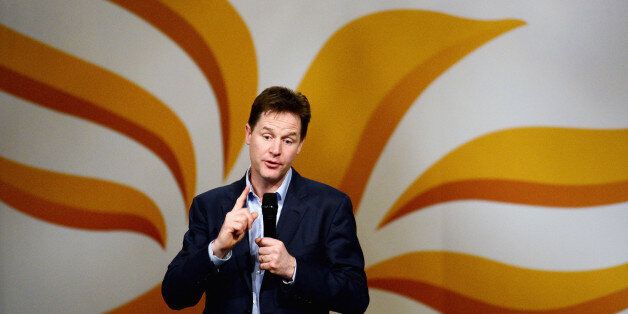 YORK, ENGLAND - MARCH 08: Nick Clegg, deputy prime minister and leader of the Liberal Democrat Party, takes questions during the annual spring conference on March 8, 2014 in York, England. Nick Clegg and his Liberal Democrats have gathered for their spring conference in York under the imaginary banner claiming we're not the Tories or Labour and we're definitely not Ukip. (Photo by Jeff J Mitchell/Getty Images)