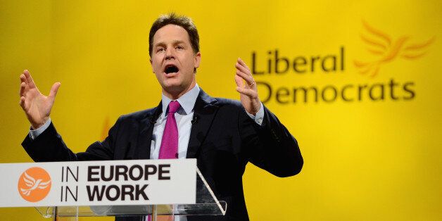 YORK, ENGLAND - MARCH 09: Nick Clegg deputy prime minister and leader of the Liberal Democrats gives his key note address to the party spring conference on March 9, 2014 in York, England. Nick Clegg and his Liberal Democrats have gathered for their spring conference in York under the imaginary banner claiming we're not the Tories or Labour and we're definitely not Ukip. (Photo by Jeff J Mitchell/Getty Images)