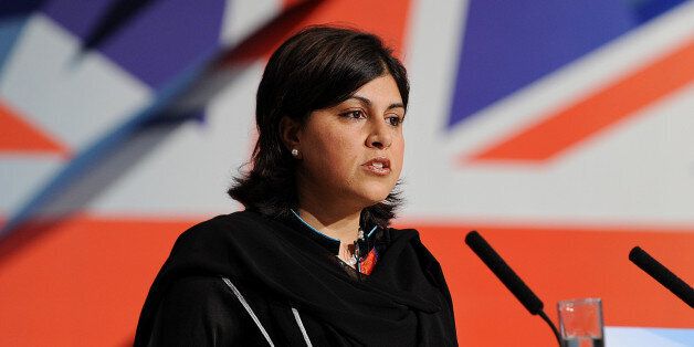Chairman of the Conservative Party, Sayeeda Warsi delivers a speech during the first day of the Conservative conference at the International Convention Centre in Birmingham, central England, on October 3, 2010. AFP PHOTO / BEN STANSALL (Photo credit should read BEN STANSALL/AFP/Getty Images)