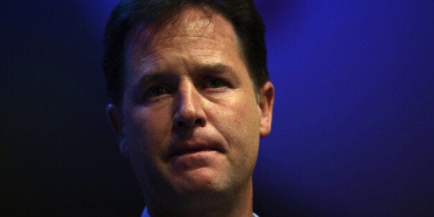 GLASGOW, SCOTLAND - SEPTEMBER 14: Deputy British Prime Minister and leader of the Liberal Democrats Nick Clegg speaks during a rally at the end of the first day of conference at the SECC, Scottish Exhibition and Conference Centre on September 14, 2013 in Glasgow, Scotland. The Liberal Democrat Autumn conference began in Glasgow today where the leader Nick Clegg addressed the audience during a rally this evening. (Photo by Dan Kitwood/Getty Images)