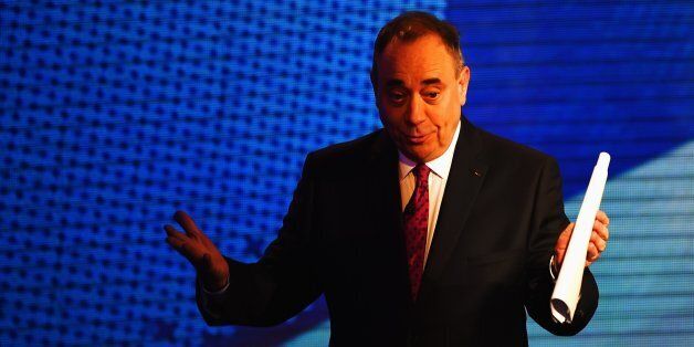 GLASGOW, SCOTLAND - AUGUST 05: Alex Salmond (pictured) First Minister of Scotland and Alistair Darling chairman of Better Together take part in a live television debate from the Royal Conservatoire of Scotland on August 5, 2014 in Glasgow, Scotland. The two politicians are facing questions in front of 350 people during a live televised debate, they will try and influence voters before the referendum on 18th September when the nation will be asked to vote yes or no to decide whether Scotland sho