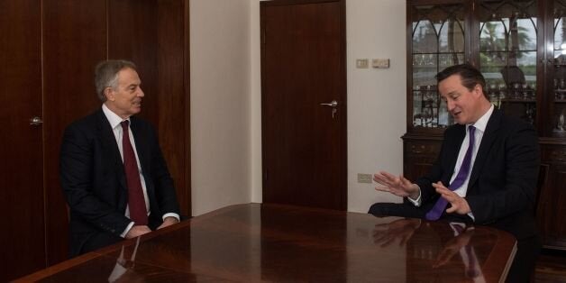 Prime Minister David Cameron (right) meets with predecessor as prime minister, Tony Blair, in his role as peace envoy of "the Quartet" of the United Nations, the EU, the US and Russia, at the British Consulate in Jerusalem, on the second day of a trip to the Middle East designed to bolster efforts to rekindle the stalled peace process.