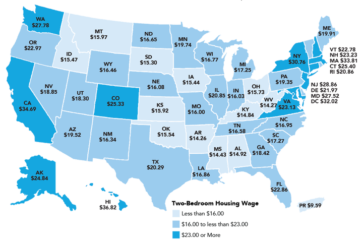 A map showing the hourly wage needed for a full time workers to afford a two bed rental at fair market rent. 