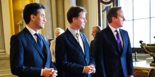 (Left to right) Labour Leader Ed Miliband, Deputy Prime Minister Nick Clegg and Prime Minister David Cameron during the Step Up to Serve launch at Buckingham Palace, central London.