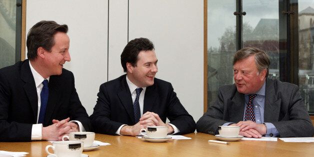 LONDON, ENGLAND - JANUARY 19: Conservative party leader, David Cameron (L), beside Shadow Chancellor George Osborne, introduces Ken Clarke (R) to his economic team at Portcullis House on January 19, 2009 in London, England. Mr Clarke returns to the Conservative front bench to assume the role of Shadow Business Secretary. (Photo by Oli Scarff/Getty Images)