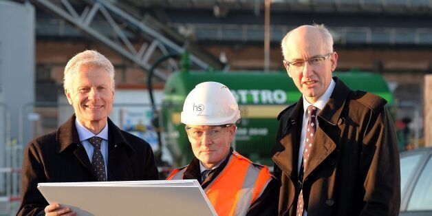 (Left to right) Lord Deighton from the Treasury, John Castle the senior area engineer for London and Sir David Higgins the chief executive of Network Rail, view what will be the site for a new HS2 and Crossrail station, at the Old Common Oak lane site in north west London.