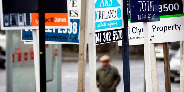 GLASGOW, UNITED KINGDOM - FEBRUARY 28: For Sale boards advertise property for sale on February 28, 2005 in Glasgow, Scotland. The Liberal Democrats have unveiled their plans for the economy, pledging to raise the stamp duty threshold from GBP60,000 to GBP150,000 to help first-time buyers and increase tax for people earning more than GBP100,000. (Photo by Christopher Furlong/Getty Images)