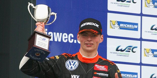 NORTHAMPTON, ENGLAND - APRIL 20: Max Verstappen of the Netherlands and driver of the #30 Van Amersfoort Racing Dallara F314 Volkswagen celebrates his second place at the FIA Formula 3 European Championship race at the Silverstone Circuit on April 20, 2014 in Northampton, England. (Photo by Darrell Ingham/Getty Images)