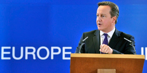 British Prime Minister David Cameron speaks during a press conference at the end of the second and last day of an European Union (EU) Council meeting on October 25, 2013 at the EU Headquarters in Brussels. Europe's leaders sought how to deal with the drama of Mediterranean boat-people today, weeks after the deaths by drowning of 400 refugees fleeing conflict shocked many across the continent.AFP PHOTO / GEORGES GOBET (Photo credit should read GEORGES GOBET/AFP/Getty Images)