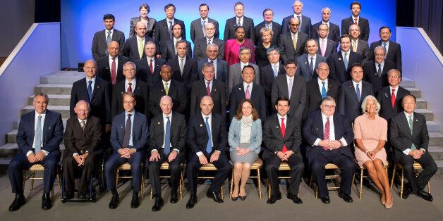 WASHINGTON, DC - OCTOBER 11: In this handout provided by the International Monetary Fund (IMF), G20 FInance Ministers and Bank Governors pose for a group photograph at the IMF/World Bank Annual Meetings October 11, 2013 at the IMF Headquarters in Washington, DC. Financial leaders from around the world are gathering for the meetings. (Photo by Stephen Jaffe/IMF via Getty Images)