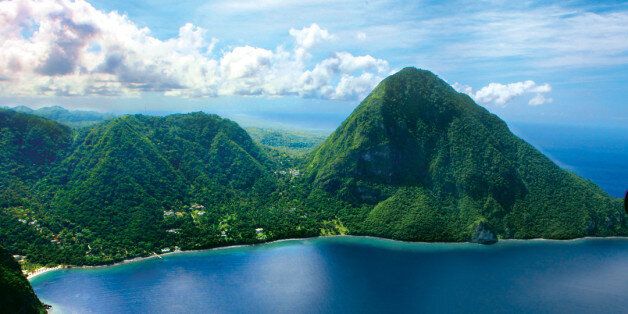 View of volcanic peaks called 'The Pitons' in St Lucia