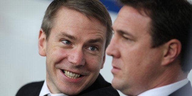 Cardiff City's Player Recruitment Iain Moody (left) talks with Manager Malky Mackay (right)