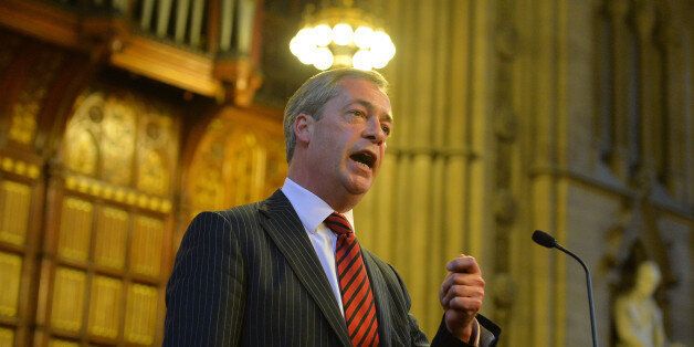 UK Independence Party (UKIP) leader Nigel Farage addresses the Bruges Group at the Manchester Town Hall in north-west England, on September 30, 2013. AFP PHOTO/Leon Neal (Photo credit should read LEON NEAL/AFP/Getty Images)