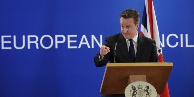 British Prime Minister David Cameron gestures durins a press conference at the end of the two-day European Council summit at the EU headquarters in Brussels on March 21, 2014. AFP PHOTO / JOHN THYS (Photo credit should read JOHN THYS/AFP/Getty Images)