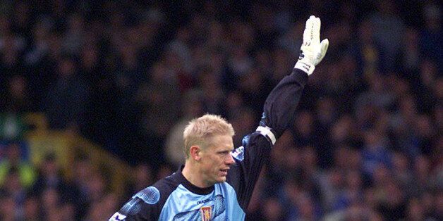 20 Oct 2001: Peter Schmeichel, Aston Villa's goalkeeper, celebrates scoring during the match between Everton and Aston Villa at Goodison Park, Everton. DIGITAL IMAGE Mandatory Credit: Gary M. Prior/ALLSPORT