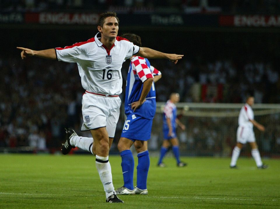 Frank Lampard of England celebrates scoring the third goal of the match