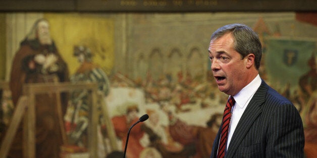 MANCHESTER, ENGLAND - SEPTEMBER 30: Nigel Farage, the leader of the UK Independence Party, speaks at a fringe event to the second day of the Conservative Party Conference in Manchester Town Hall on September 30, 2013 in Manchester, England. Chancellor of the Exchequer George Osborne has unveiled a Government plan for long-term unemployed people to undertake work placements in order to receive their benefits. (Photo by Oli Scarff/Getty Images)