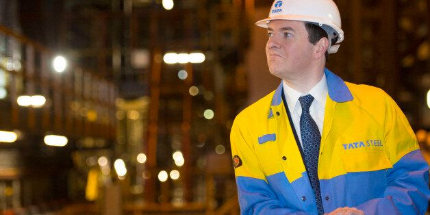 PORT TALBOT, WALES - MARCH 25: Chancellor George Osborne during a visit to Tata Steel to see how it has been affected by the budget on March 25, 2014 in Port Talbot, Wales. In the Chancellor's budget statement last week he announced support for energy intensive manufacturing, Tata's Port Talbot factory is the largest steel plant in the UK, producing five million tonnes of steel annually and employs over 4,000 people. (Photo by Matthew Horwood - WPA Pool / Getty Images)