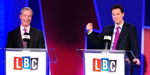 Deputy Prime Minister Nick Clegg (right) and Ukip leader Nigel Farage, hosted by LBC's Nick Ferrari, take part in a debate over Britain's future in the European Union, held at 8 Northumberland Avenue, London.