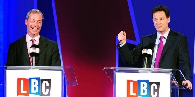 British Deputy Prime Minister Nick Clegg (R) and UK Independence Party (UKIP) leader Nigel Farage (L) take part in a debate over Britain's future in the European Union in London on March 26, 2014. Clegg locked horns with the leader of the country's most anti-EU party in the first of two face-to-face debates ahead of forthcoming European Parliament elections. Clegg, leader of the Europhile Liberal Democrats, argued that Britain was 'better off in Europe - richer, stronger, safer', but UK Independence Party (UKIP) head Nigel Farage countered that the European Union was no longer fit to face the challenges of the modern economy. AFP PHOTO/POOL/IAN WEST (Photo credit should read IAN WEST/AFP/Getty Images)