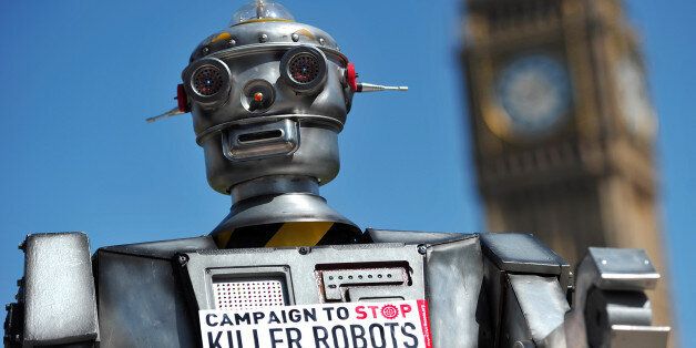 A mock 'killer robot' is pictured in central London