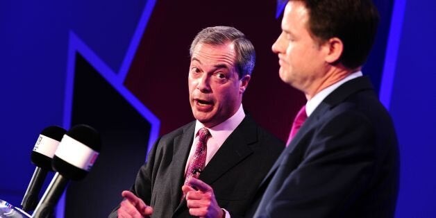 Deputy Prime Minister Nick Clegg (right) and Ukip leader Nigel Farage, hosted by LBC's Nick Ferrari, take part in a debate over Britain's future in the European Union, held at 8 Northumberland Avenue, London.