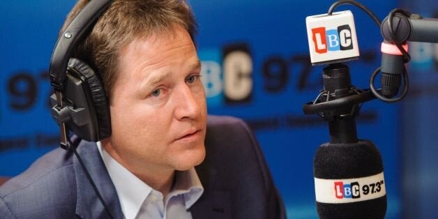 File photo dated 11/04/13 of Deputy Prime Minister Nick Clegg during the Call Clegg show, on LBC 97.3 radio. Nick Clegg insisted he condemns "all forms" of domestic violence after coming under fire for suggesting Charles Saatchi's clutching of wife Nigella Lawson's throat could have been "just a fleeting thing".