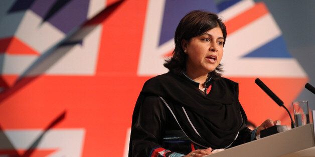 BIRMINGHAM, ENGLAND - OCTOBER 03: Conservative Co-Chairman Sayeeda Warsi speaks to delegates at the Conservative Party Conference at the International Convention Centre on October 3, 2010 in Birmingham, England. Party members, MPs and Conservative cabinet Ministers are attending the Conservative Party's first annual conference since the formation of the new coalition government. (Photo by Peter Macdiarmid/Getty Images)