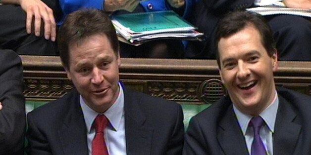 Deputy Prime Minister Nick Clegg (left) and Chancellor George Osborne listen to Labour Leader Ed Miliband's response to the Chancellor's Budget in the House of Commons, London.